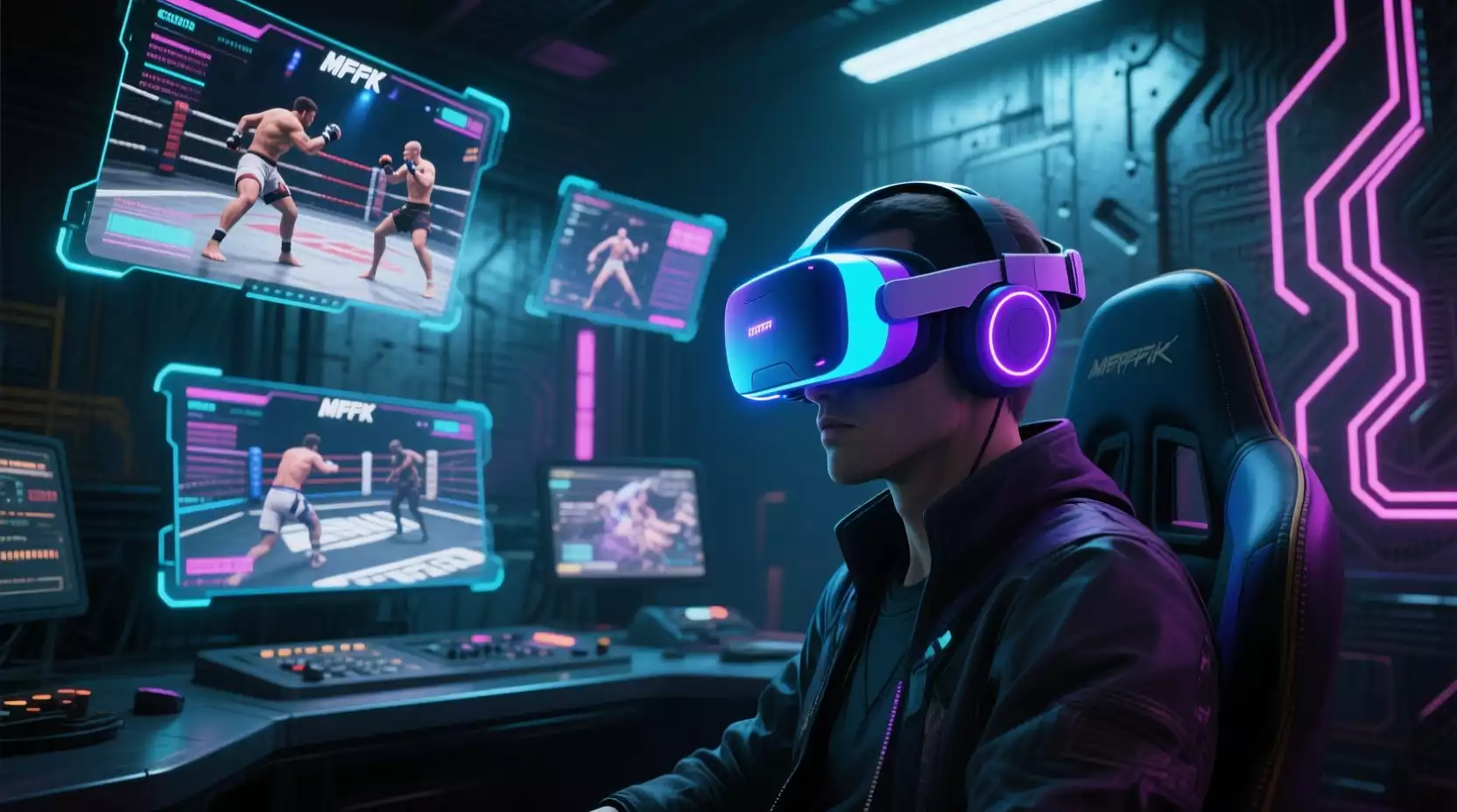 Person mit VR-Brille erlebt virtuellen MMA Kampf