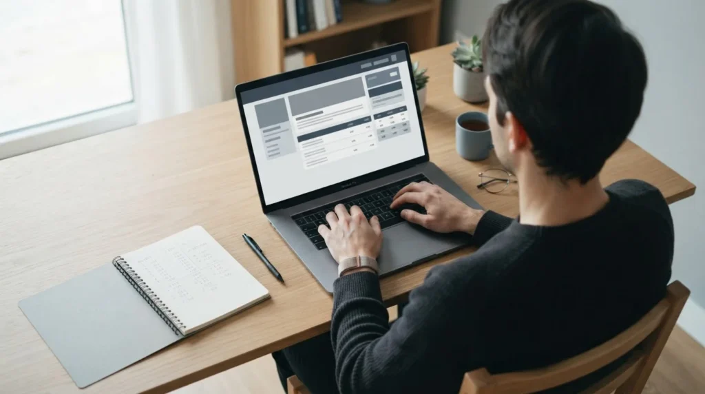 Sportanalyse auf einem Laptop mit neutraler Benutzeroberfläche und Notizen