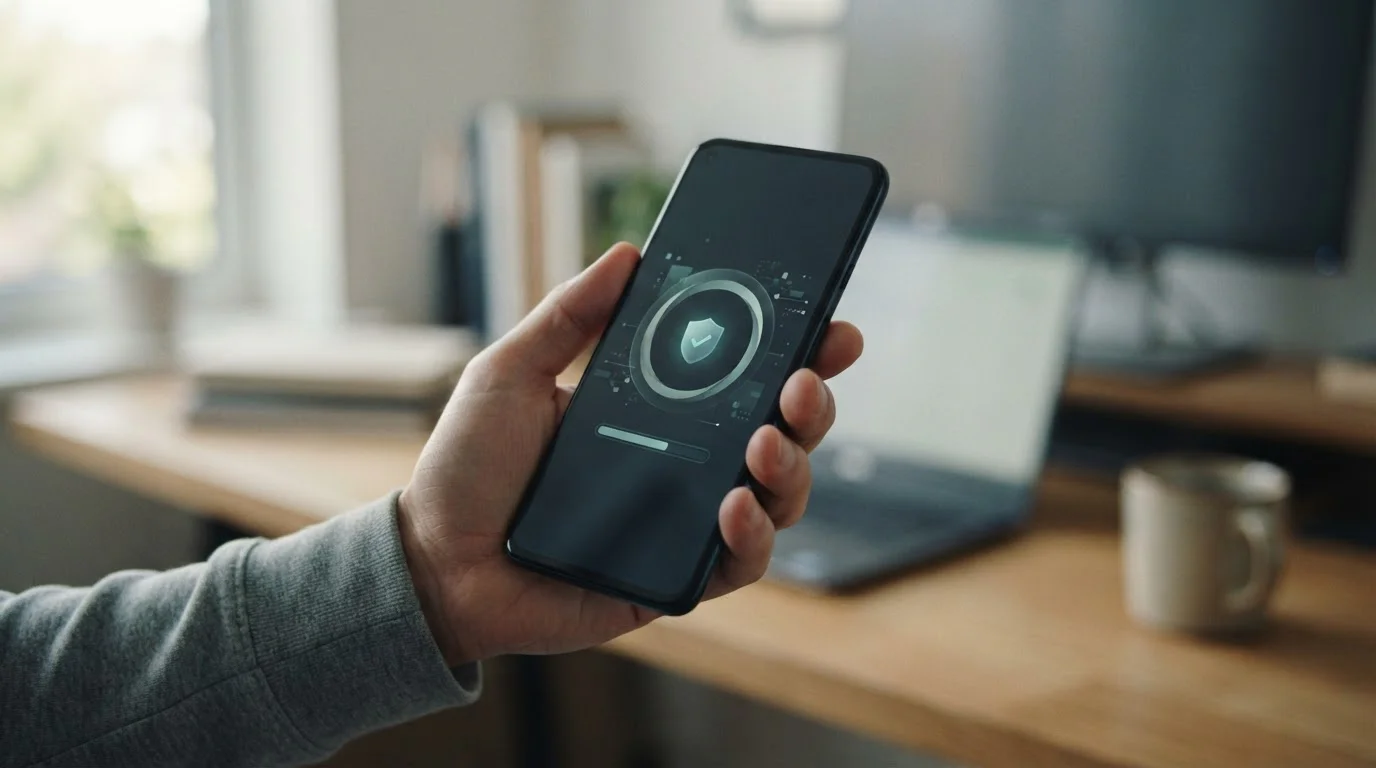 Android-Smartphone zeigt sicheren App-Download-Prozess mit Sicherheitssymbolen