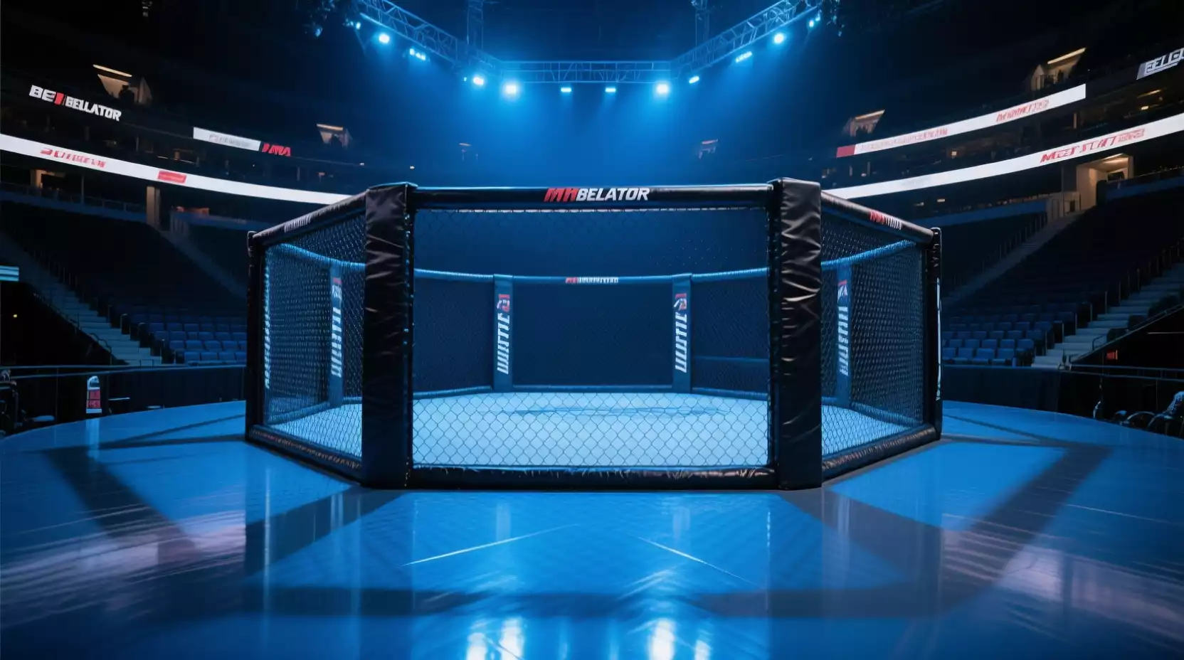 Bellator MMA Käfig in Arena mit blauer Beleuchtung