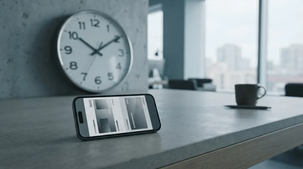 Smartphone mit neutraler Banking-App und Wanduhr im Hintergrund symbolisieren Wartezeit bei Auszahlungen