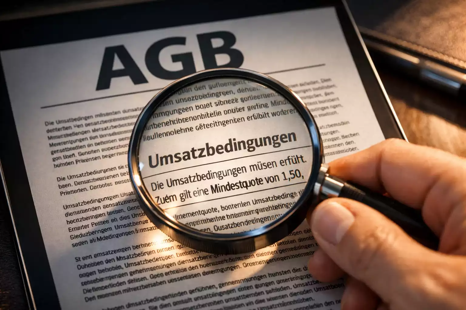 Bonusbedingungen und Kleingedrucktes auf einem Dokument