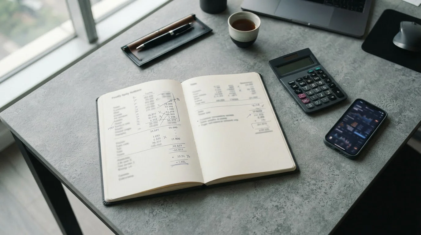 Taschenrechner und Notizen mit Vergleichsrechnung zum Bonusverlust durch Zahlungsmethode