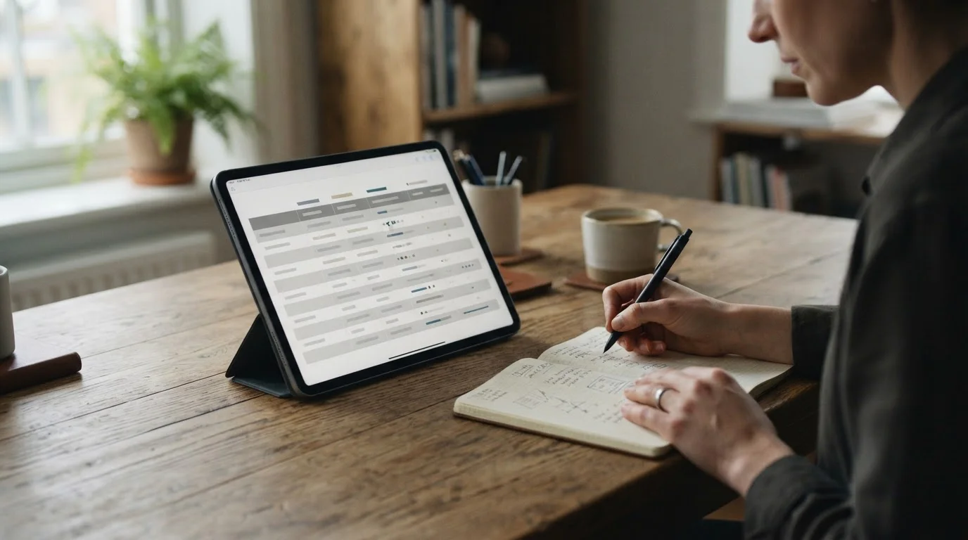 Vergleichstabelle auf Tablet-Bildschirm mit abstrakten Datenzeilen