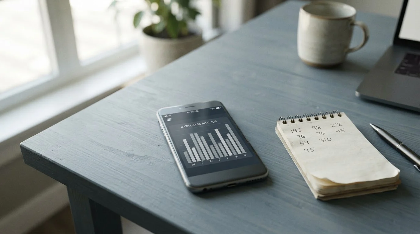 Smartphone mit Datenverbrauch-Anzeige und Netzwerksignal