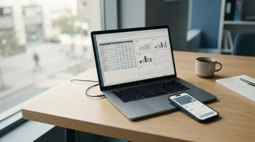 Smartphone mit Apple Pay Interface neben Laptop auf aufgeräumtem Schreibtisch