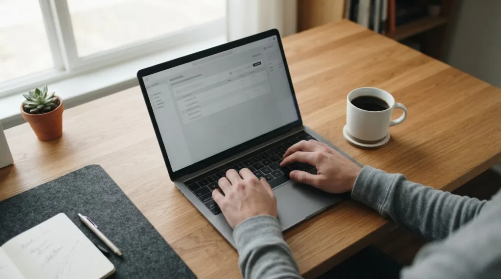 Person am Schreibtisch beim Vergleich von Wettanbieter-Konditionen auf dem Laptop