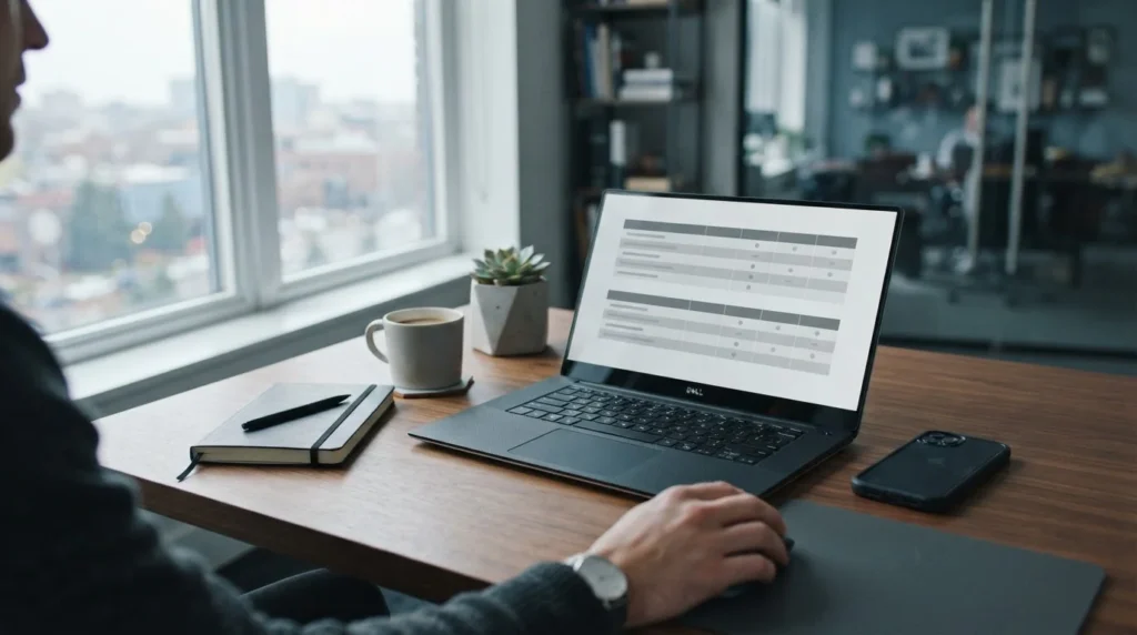 Laptop mit neutralen Vergleichstabellen und Smartphone auf aufgeräumtem Schreibtisch
