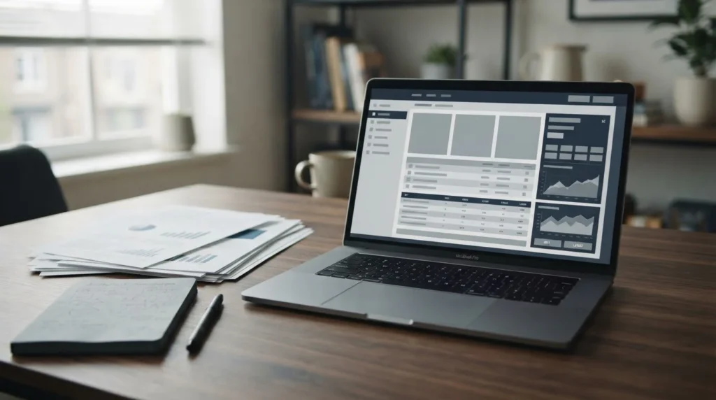 Laptop mit neutralen Wettanbieter-Interfaces und Regulierungsdokumenten auf Schreibtisch