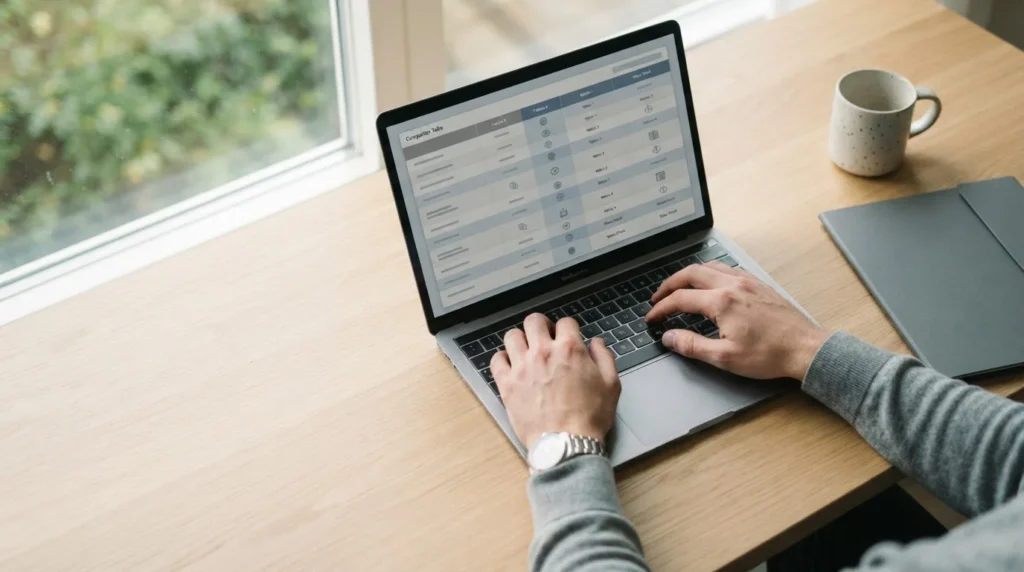 Person vergleicht Wettanbieter-Optionen auf Laptop mit Fokus auf Datenschutz