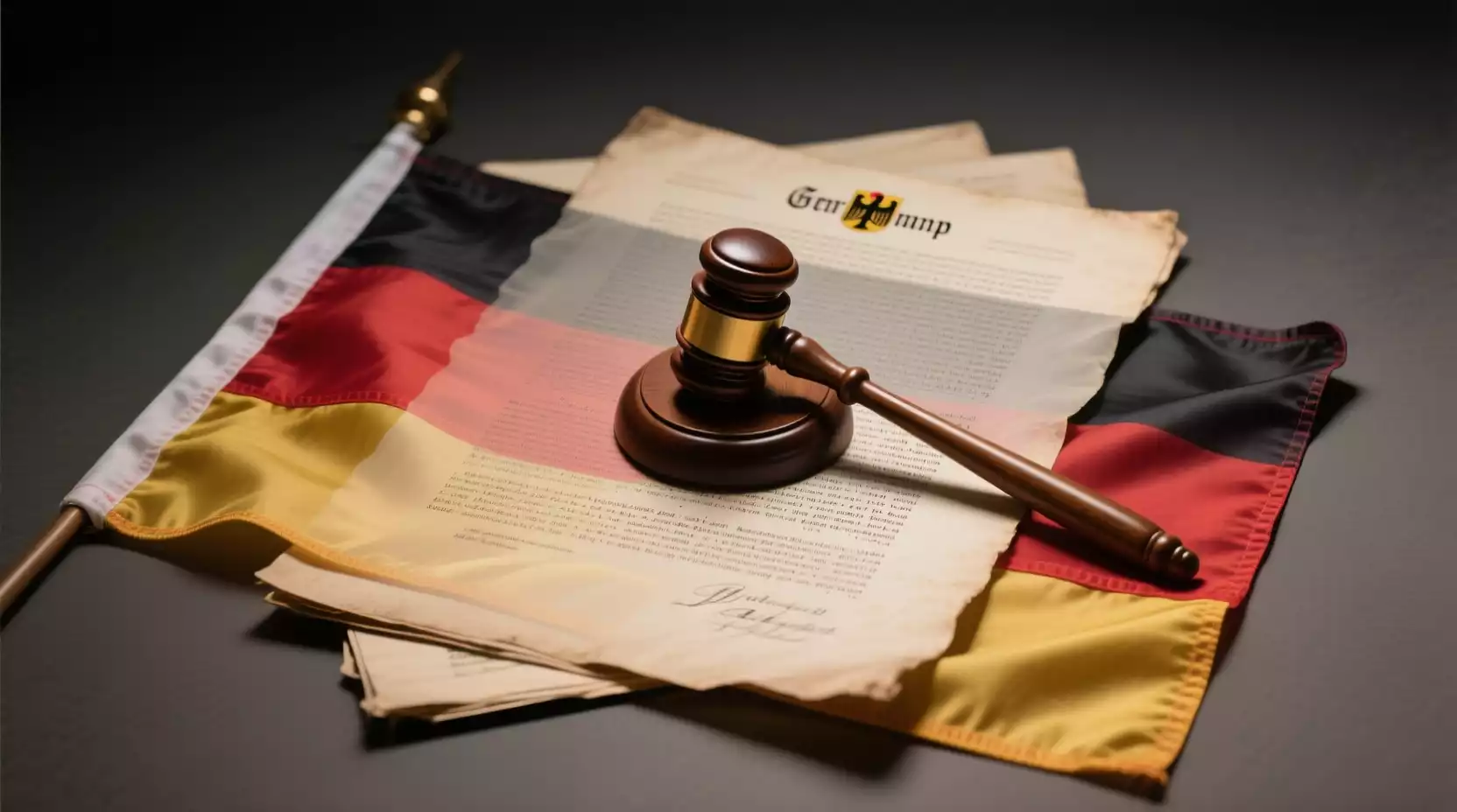 Deutsche Flagge mit Gesetzbüchern und Hammer