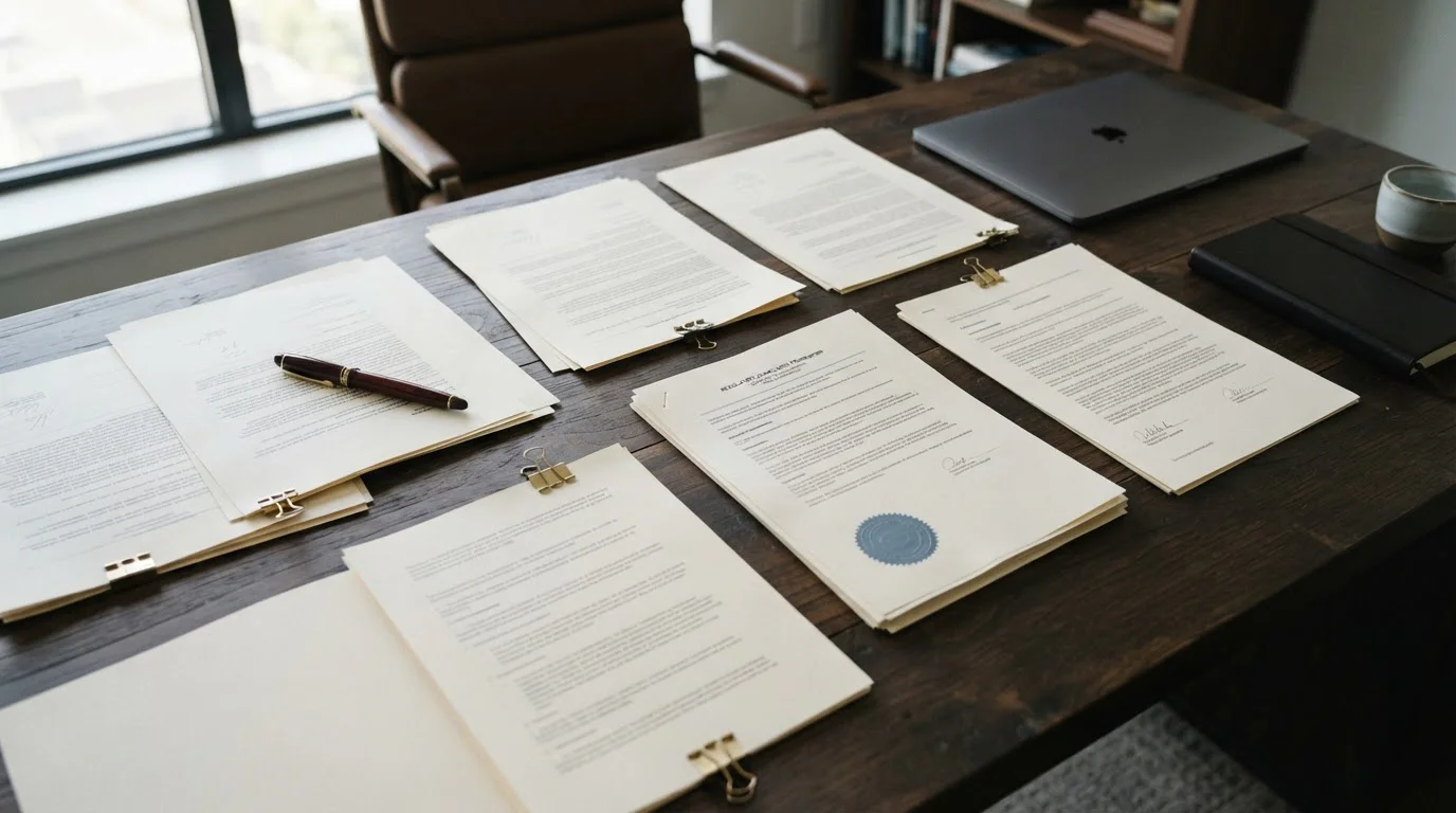 Juristische Dokumente und Gesetzestexte auf Schreibtisch