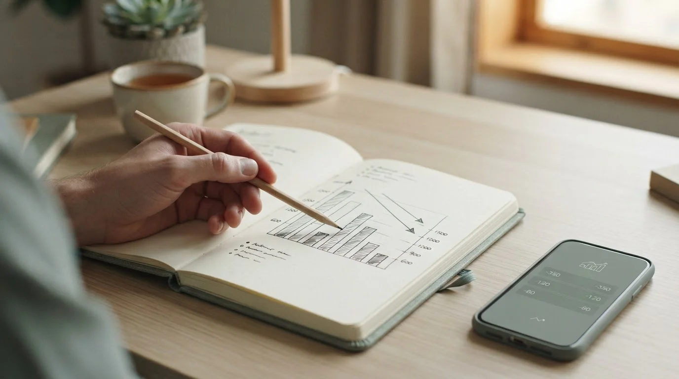 Notizbuch mit Budget-Planung neben Smartphone auf neutralem Untergrund