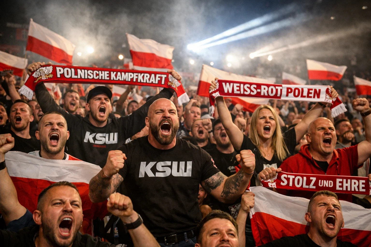 Begeisterte polnische Fans bei einem KSW-Event mit Fahnen und Pyrotechnik