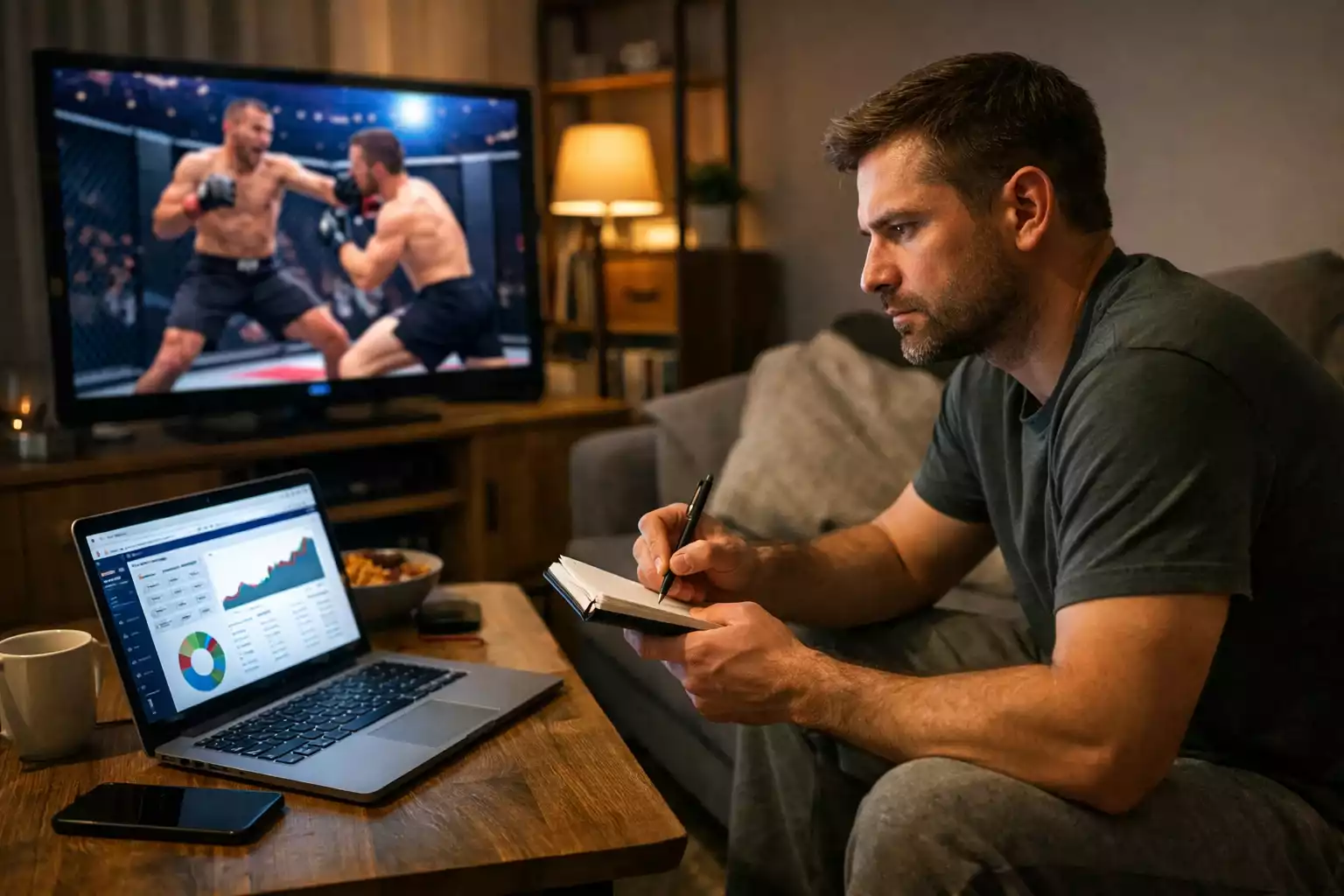 Person macht sich Notizen während einer MMA-Übertragung