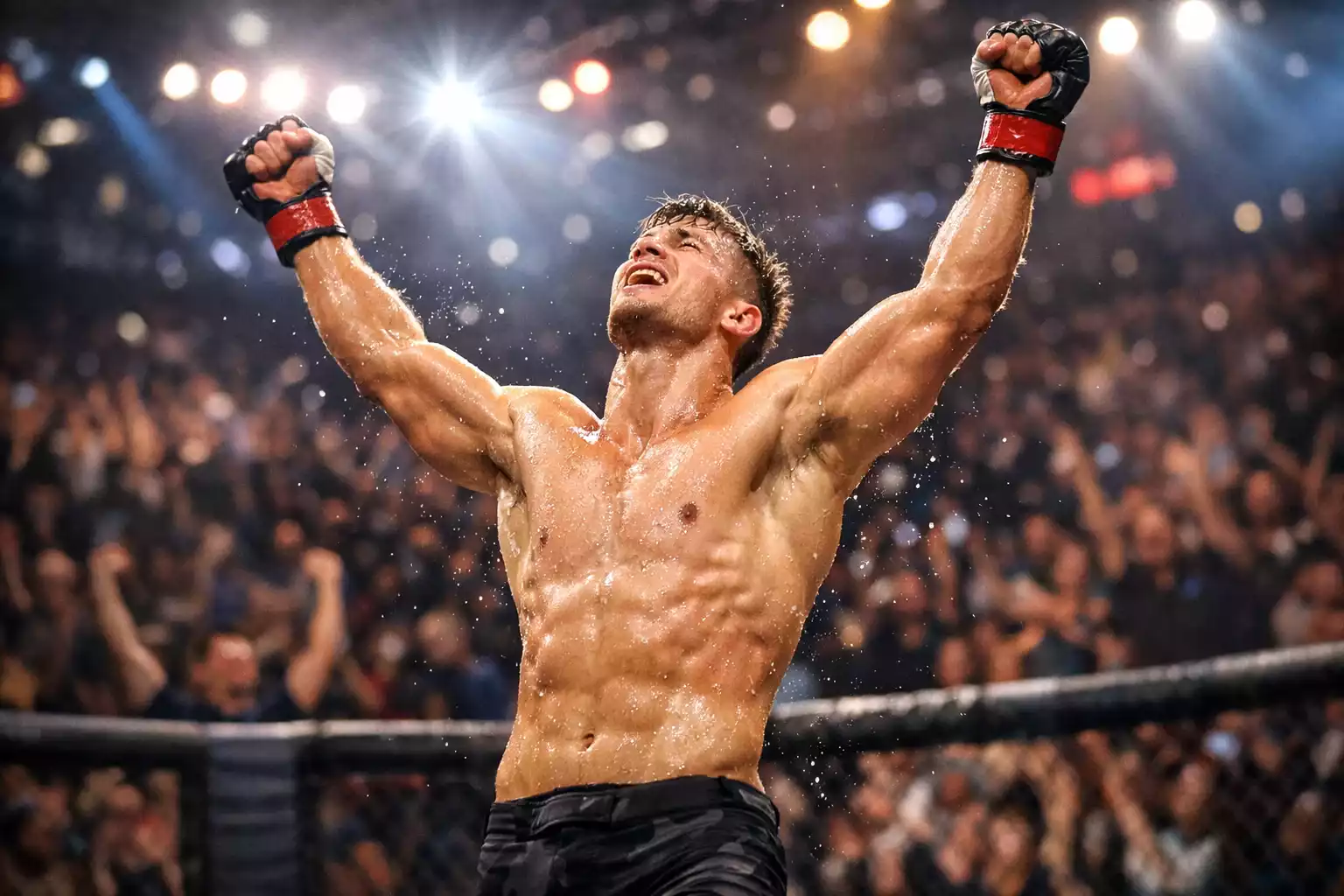 Aufstrebender MMA-Kämpfer feiert einen Sieg mit erhobenen Armen