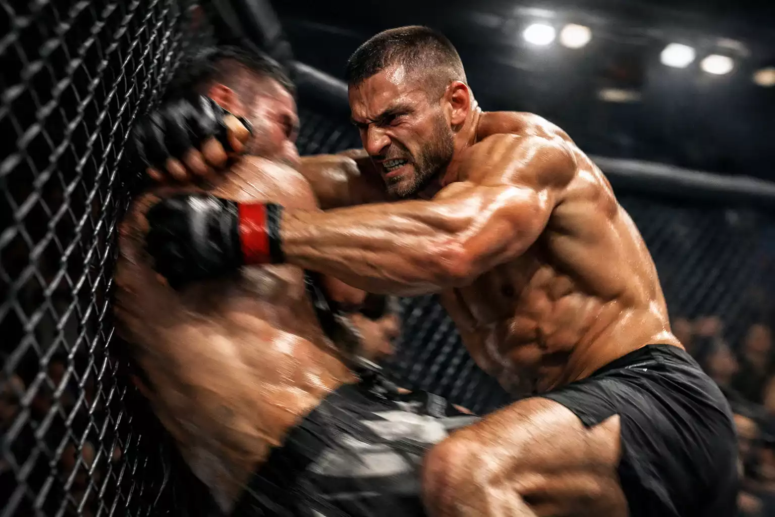 Aggressiver MMA-Kämpfer in Angriffsposition