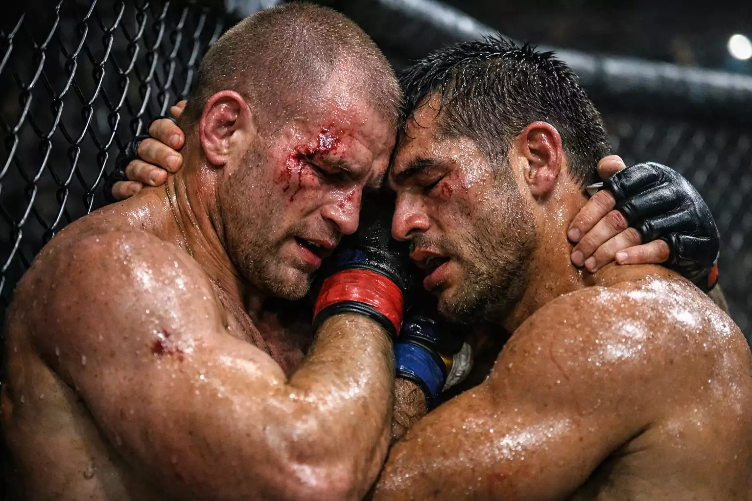 Erschöpfte MMA-Kämpfer in den späten Runden eines Hauptkampfes