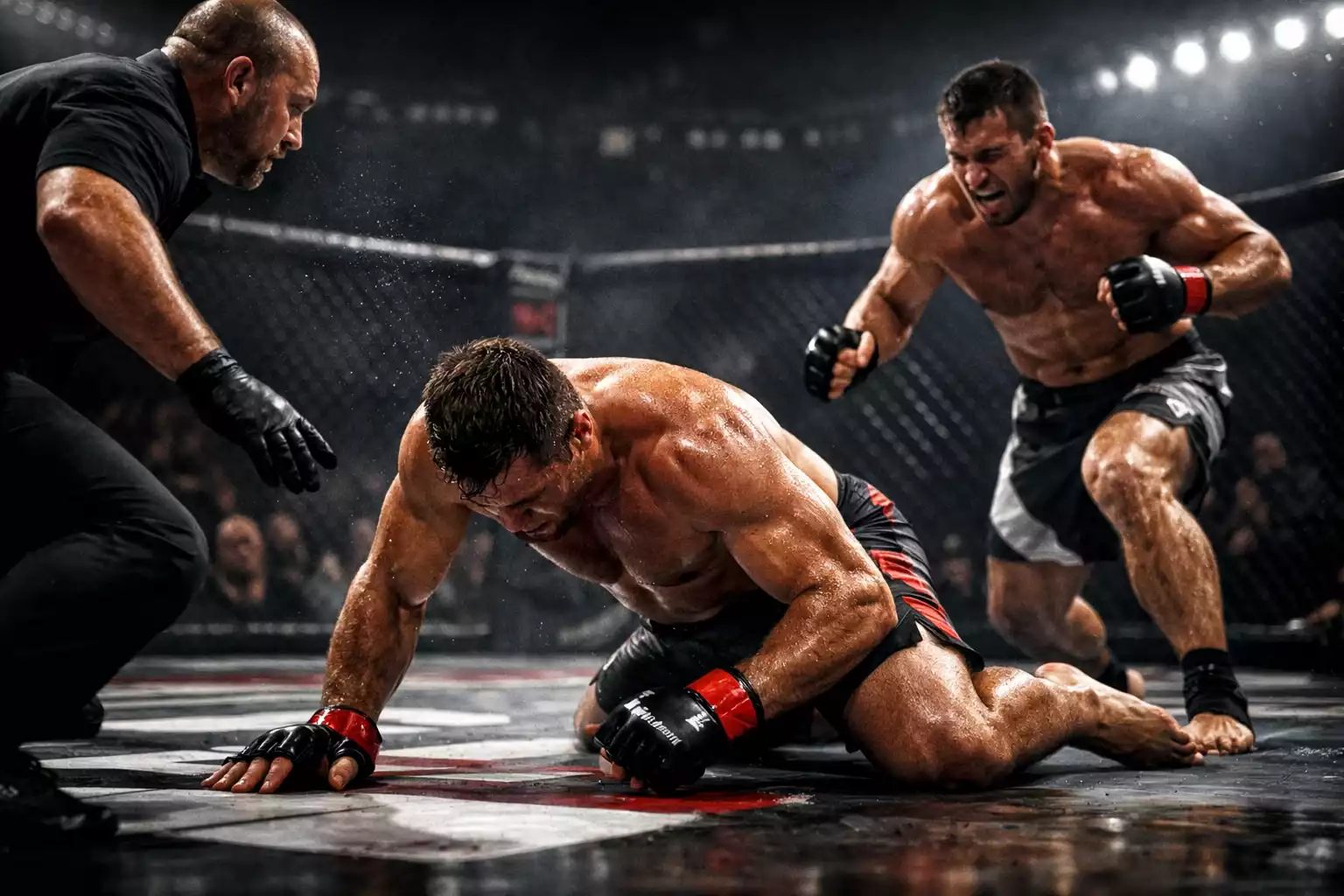 Kämpfer geht nach einem harten Treffer zu Boden