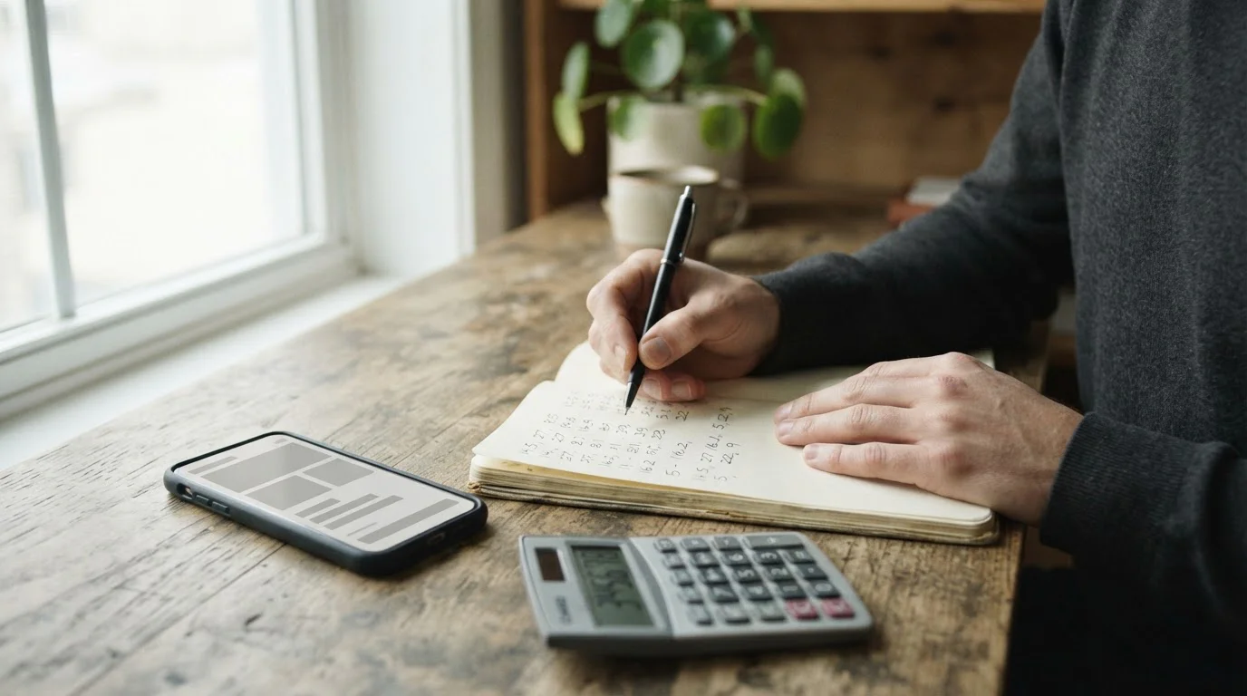 Smartphone mit Taschenrechner und Notizen zur Bonus-Analyse