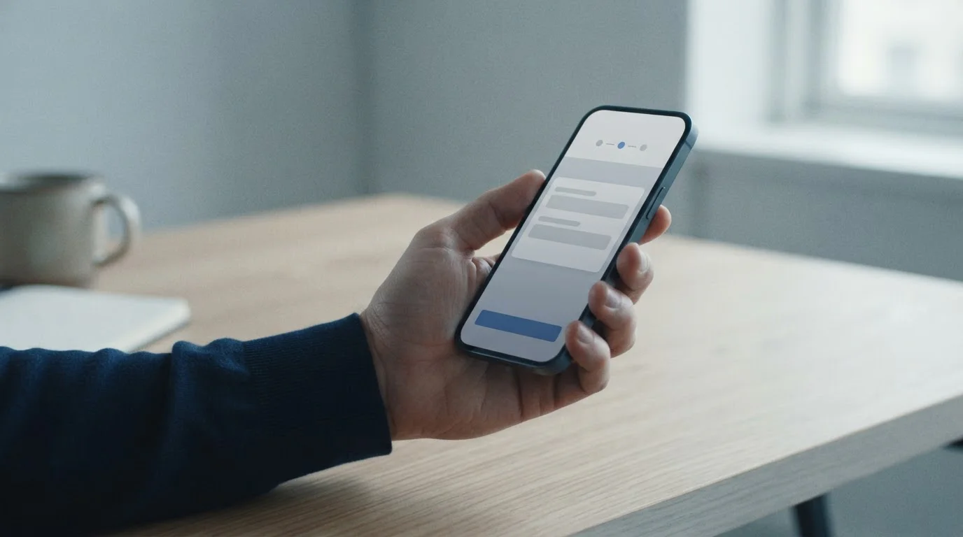Smartphone-Bildschirm zeigt abstrakten Zahlungsvorgang mit neutralen Interface-Elementen