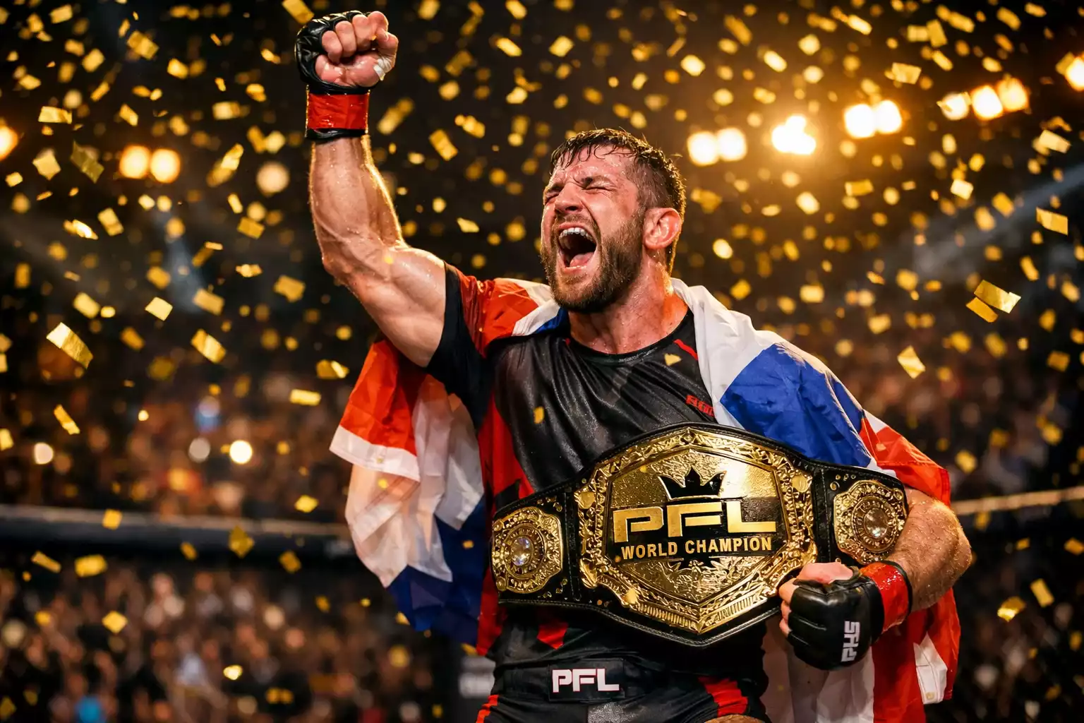 MMA-Kämpfer mit erhobener Faust neben einem Championship-Gürtel