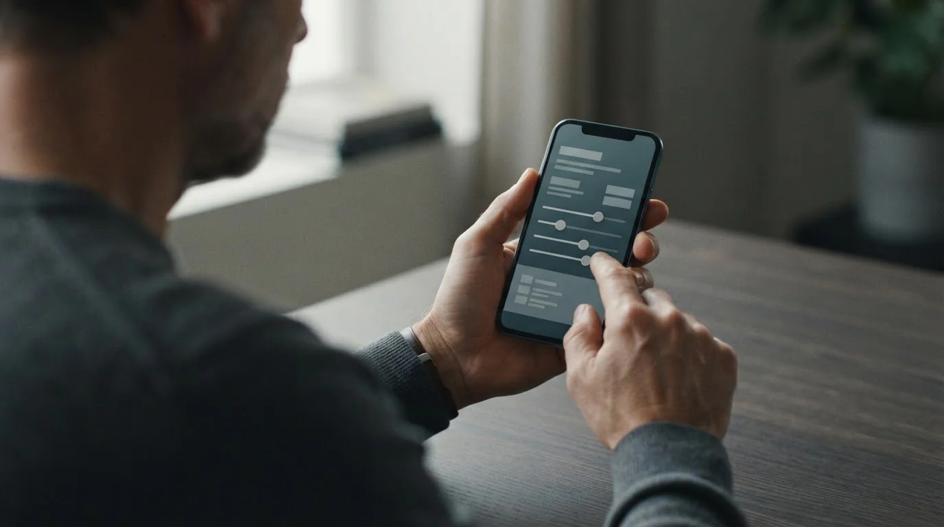 Person setzt Limit in Wett-App auf Smartphone, nüchterner Blick auf die Realität