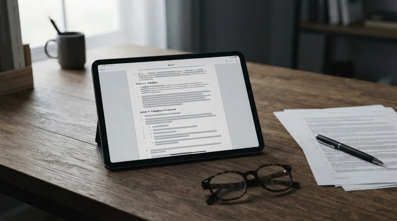 Dokumente und Tablet mit Gesetzestexten auf Schreibtisch