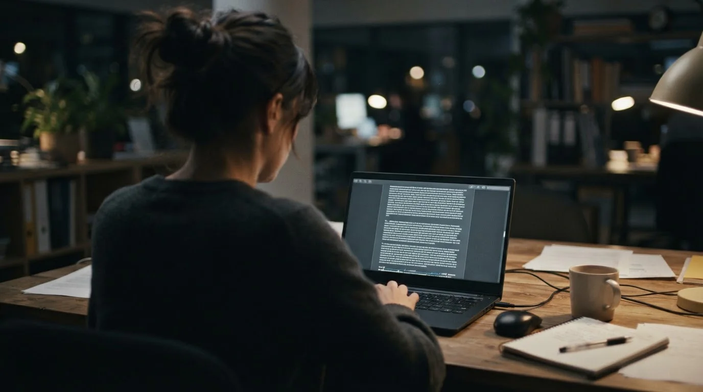 Person liest auf Laptop-Bildschirm Geschäftsbedingungen mit kritischem Blick