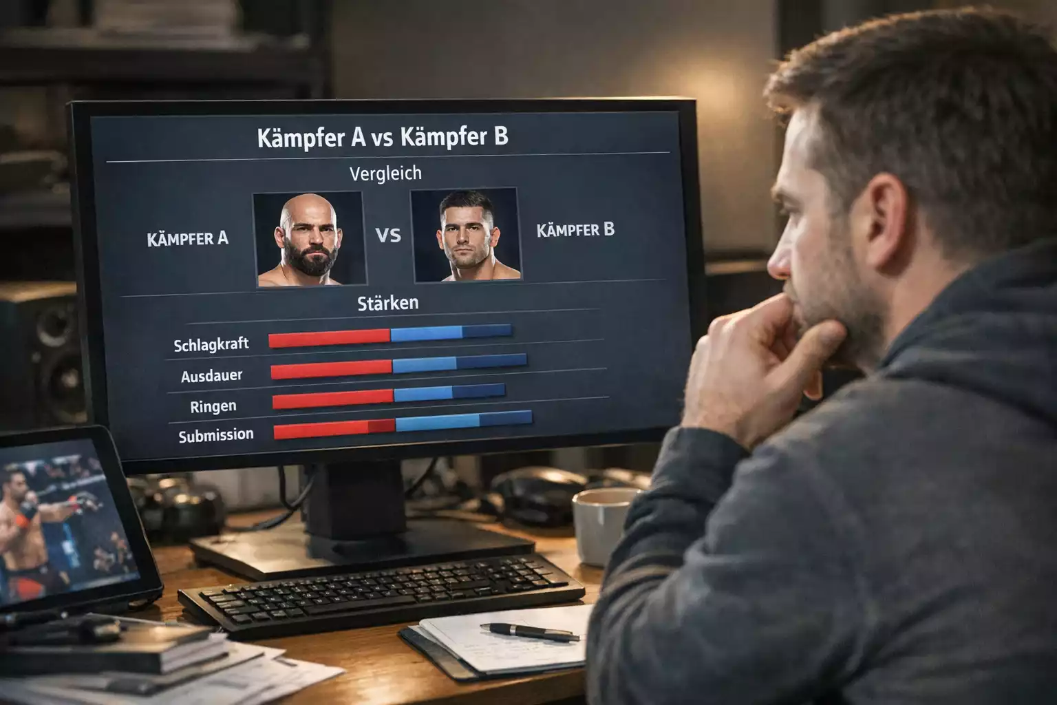 Analyst vergleicht MMA-Kampfstatistiken auf mehreren Bildschirmen
