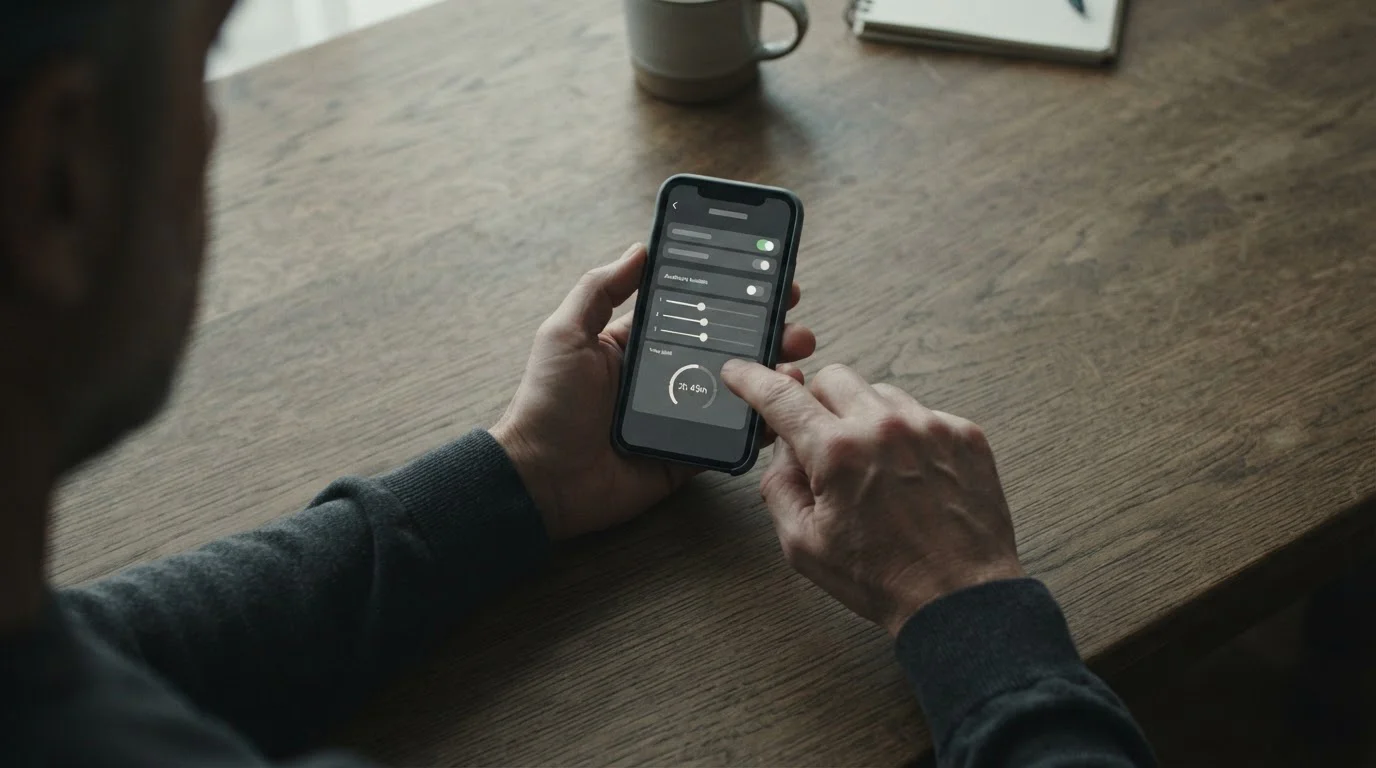 Hand stellt Erinnerung für Limits im Smartphone ein als Symbol für verantwortungsvolles Spielen