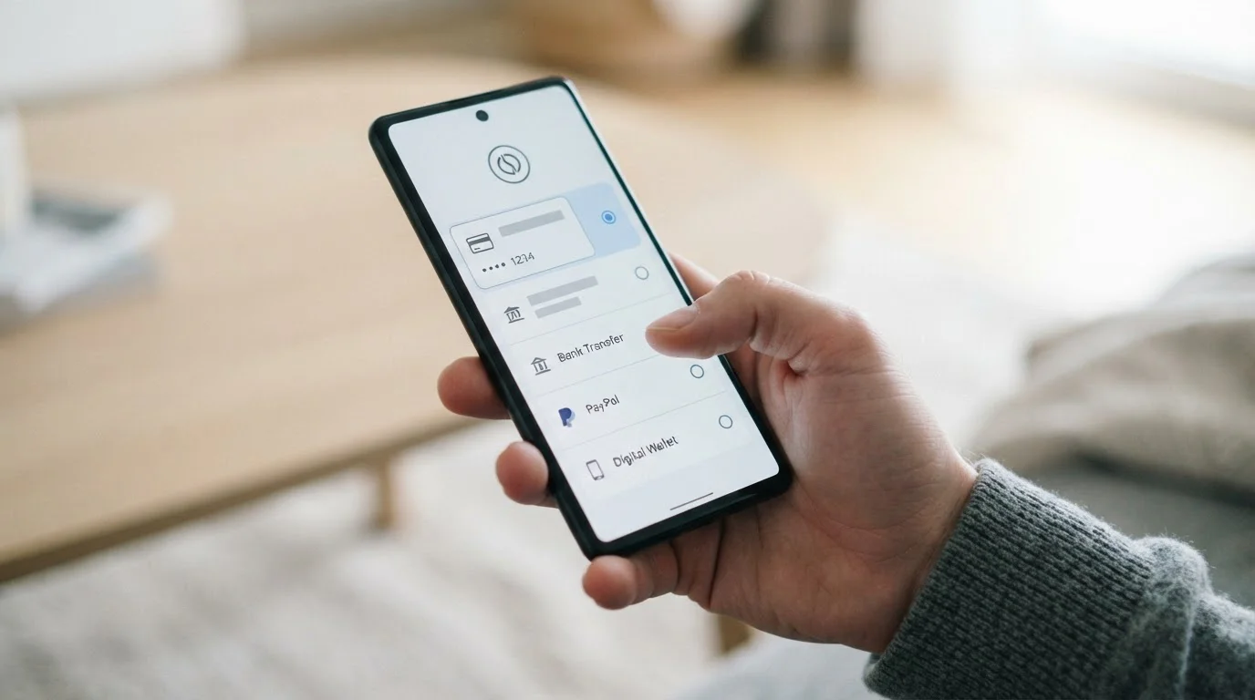 Smartphone mit neutraler Zahlungsauswahl-Oberfläche zeigt moderne Alternativen zu Paylado