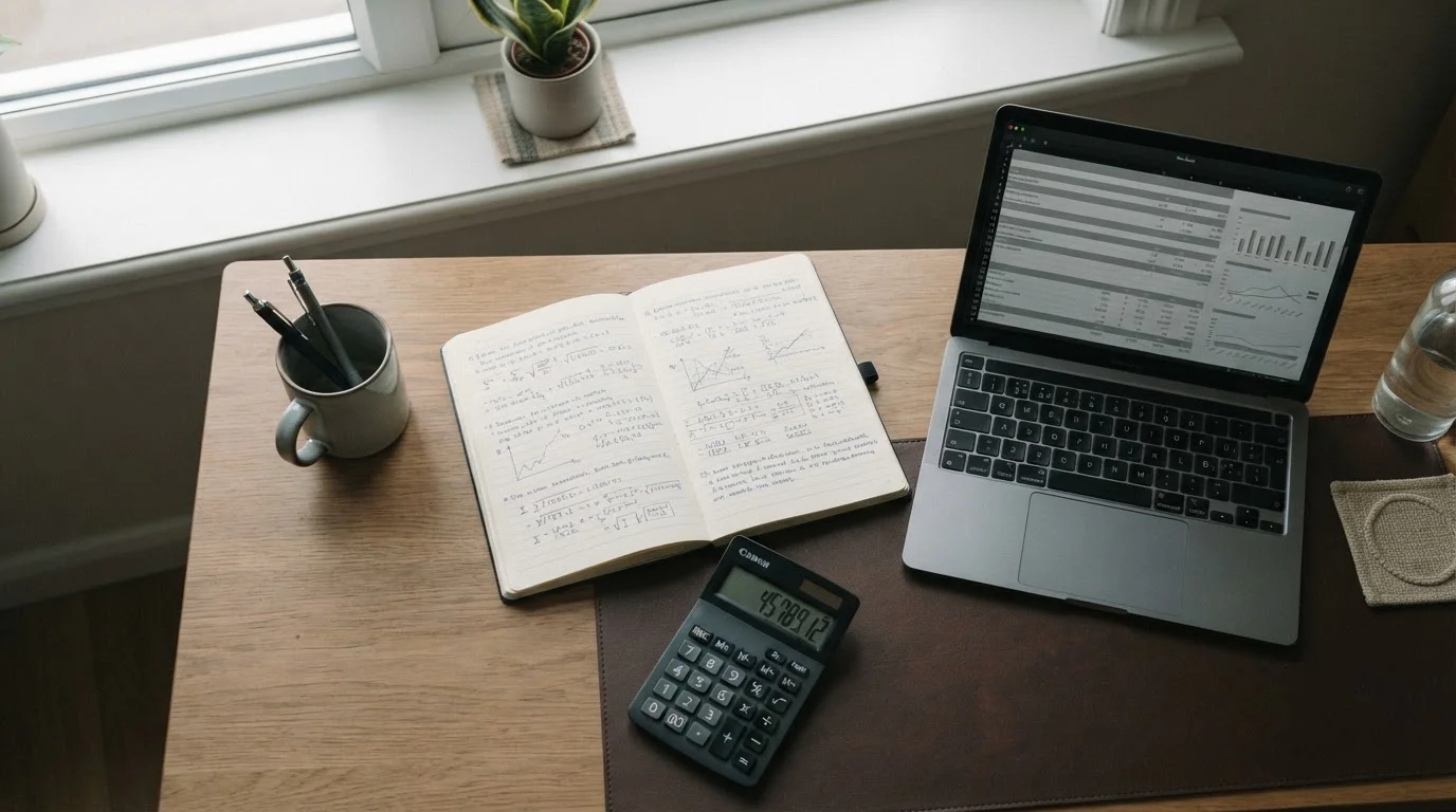 Notizblock mit Kalkulationen neben Taschenrechner und Laptop auf Schreibtisch