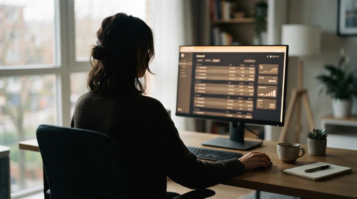 Person verwaltet Online-Konto am Computer und prüft Transaktionsoptionen