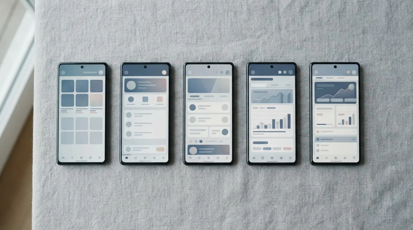 Mehrere Smartphones mit verschiedenen Wett-Apps nebeneinander zur Veranschaulichung des App-Vergleichs